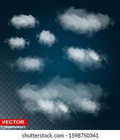 Photorealistic white natural clouds. On blue sky background. Transparent vector set.