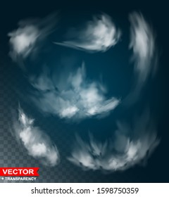 Photorealistic white natural storm clouds. On blue sky background. Transparent vector set.