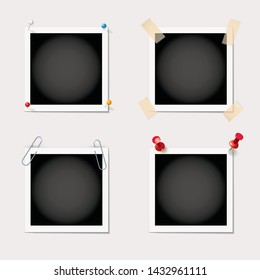 Photos are attached with a paper clip, sticky tape and push pin on a white background. Empty photo frame. Template for design