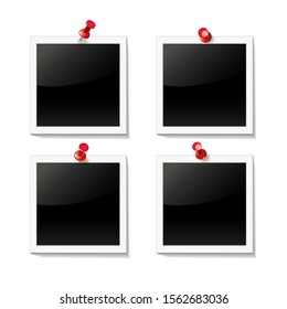 Photos are attached with red pushpins on a white background. Empty photo frame. Template for design. Isolated