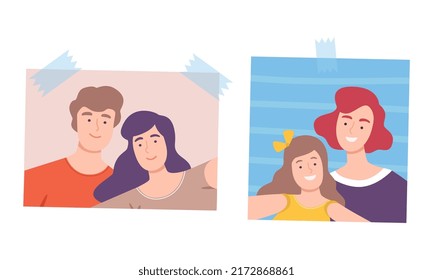 Photos of cheerful people pinned to the wall set. Selfie portraits of mom and her daughter and happy couple cartoon vector illustration