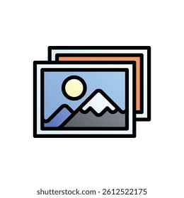 Photos. Editable vector icon, coloured with outlined stroke.