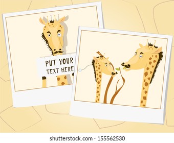 Photos of the Evil giraffe with a sign and the two giraffes with a tree branch on the textured background