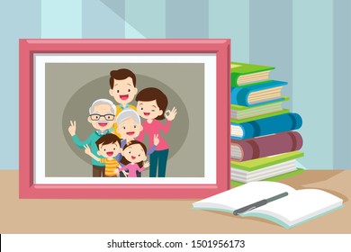 Photos Of Family Members In Frames. Photographs With Smiling People On Table. Grandparents And Family In Photo Frame Together.