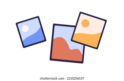 Photos, framed images composition. Printed paper photographs. Abstract pictures, photographic shots. Snapshot cards, memory pics. Flat vector illustration isolated on white background