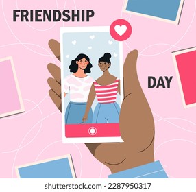 Photos friends concept. Two girlfriends take selfie and post it on social networks, Good relationships, students and teenagers spend time together.