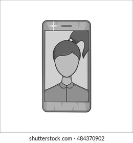 Photos girls in mobile icon in black monochrome style isolated on white background. Communication symbol vector illustration