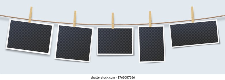 Photos hanging on rope attached with clothes pins. Blank instant photo frames with transparent place isolated on white background. Wooden clothes pegs with photography vector illustration