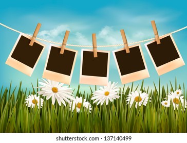 Photos hanging on a rope in front of a nature summer background. Vector.