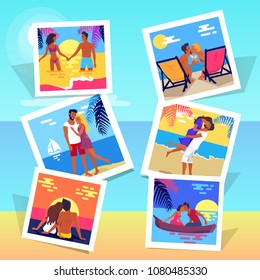 Photos of happy couples on vacation at seaside that kiss on sunset, hug on beach and hold each others hands in ocean vector illustrations set.