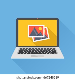 Photos icon on laptop screen. Multimedia, sharing images, digital photo album app concepts. Modern simple long shadow flat design for web banners, websites, infographics. Creative vector illustration