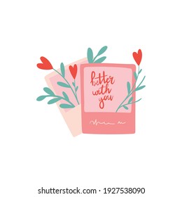 Photos with lettering. Happy valentines day and weeding design elements. Vector illustration.