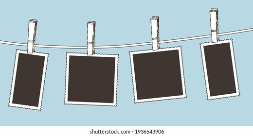 Photos on clothesline. Hand drawn vector illustration. Flat colors.