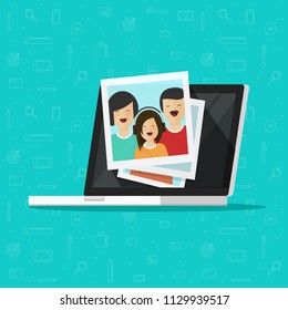 Photos On Laptop Computer Screen Vector Illustration, Flat Cartoon Photo Cards On Pc Display, Idea Of Photography Gallery Viewing, Multimedia Album, Digital Photos  