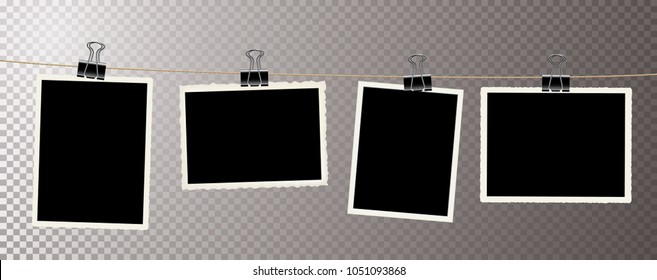 photos on rope with metal clips, editable vector illustration