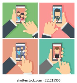 Photos on the screen set. Concept of social networks. Like button.