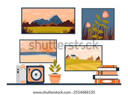 Photos on wall. Frames with photographies of beautiful landscape. Photoalbum and scrapbook. Decorations for room in apartment. Flat vector illustration isolated on white background