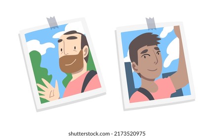 Photos of people pinned to wall set. Selfie portraits of cheerful men cartoon vector illustration