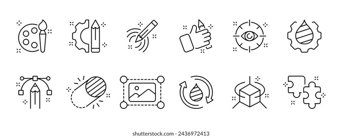 Photos set icon. Printer, brush, pencil, ruler, photo selection, pen, gradient, cropping, storing photos on cloud. Concept of editing and working with photos. Vector line icon on white background.