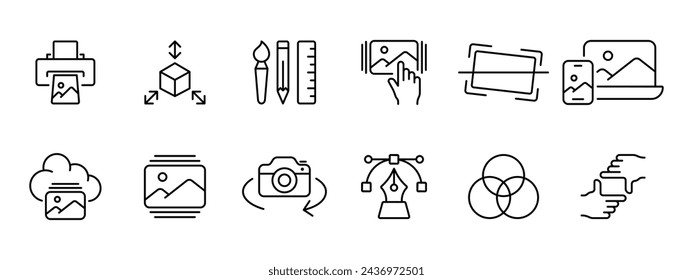 Photos set icon. Printer, brush, pencil, ruler, photo selection, pen, gradient, cropping, storing photos on cloud. Concept of editing and working with photos. Vector line icon on white background.