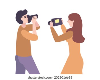 Photoschool flat composition with characters of students shooting on cameras vector illustration