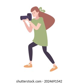 Photoschool flat composition with female character of girl shooting with camera vector illustration