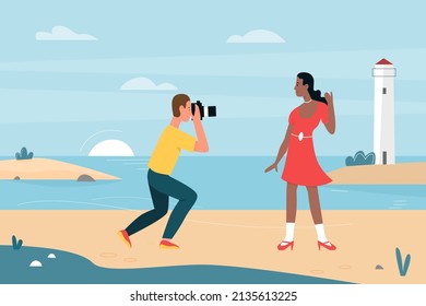 Photoshoot of man and woman tourists on summer sea beach. Photographer character with camera taking picture of girl model for travel photo album flat vector illustration. Memory, photography concept