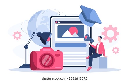 Photoshoot online concept. Man with loudspeaker near camera and tablet with image. Photograph with equipment. Workshop or studio with lamp. Flat vector illustration