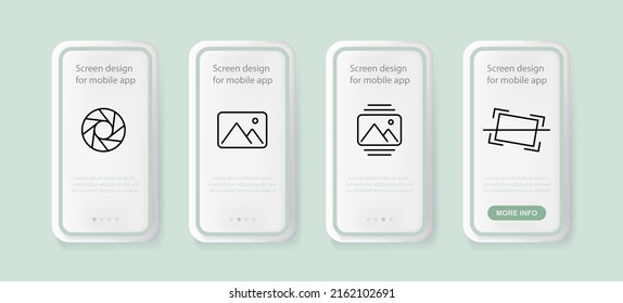 Photoshoot set icon. Shutter, photo, picture, view, delete, store, take. Hobby concept. UI phone app screens. Vector line icon for Business and Advertising.