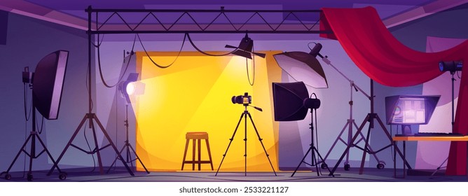 Photoshoot studio with camera equipment vector illustration. Photography backstage, softbox and professional light reflector for portrait. Business interior environment with tripod and stool for game