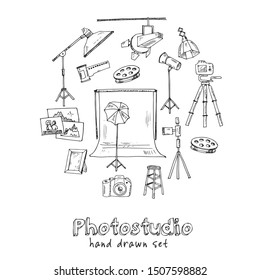 photostudio hand drawn doodle set. Vector illustration. Isolated elements on white background. Symbol collection.