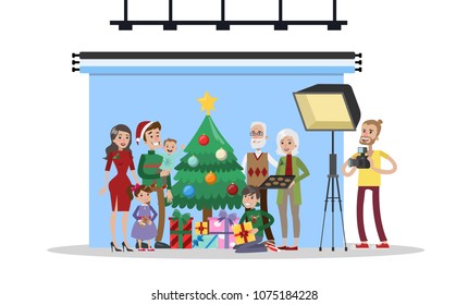 Photostudio interior with people and equipment on white.