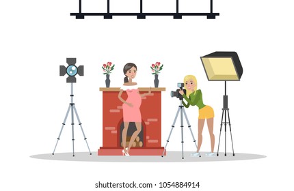 Photostudio interior room with people and equipment on white.