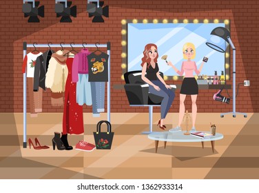 Photostudio interior. Woman in dressing room prepare, doing makeup and choosing clothes. Vector illustration in cartoon style