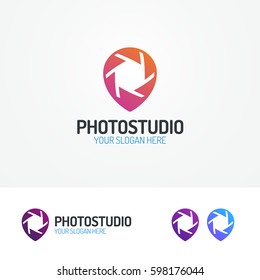 Photostudio logo set with aperture and pin color modern style for use photoschool, photoeducation, photolaboratory, food photo, wedding etc. Vector Illustration