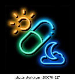 Fotosíntesis y cápsulas suplementan el vector de signos de neón. Icono brillante. ilustración de símbolo transparente