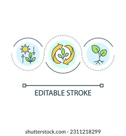 Photosynthesis loop concept icon. Convert sunlight into energy. Biological process. Growing plants abstract idea thin line illustration. Isolated outline drawing. Editable stroke. Arial font used