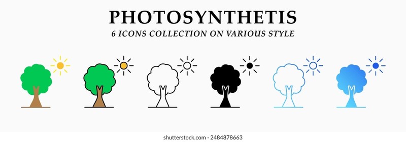 Photosynthetis icons collection. 6 Various styles. Lineal, solid Black, flat, lineal color and gradient. For sign, symbol, presentation, infographic or web graphics. Vector Illustration.