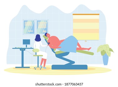 Phototherapy Session to Improve Skin Condition. Clinic Patient Sits in Comfortable Folding Chair. And Medical Specialist Holds in Hands Apparatus that Emits Light and Brings it to Mans Arm.