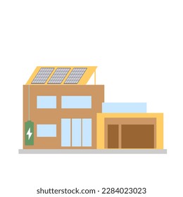 Photovoltaic city. PV panels on buildings. 
Solar panels on modern brown house, photovoltaic solar panels on modern building. Home electricity scheme, flat vector.