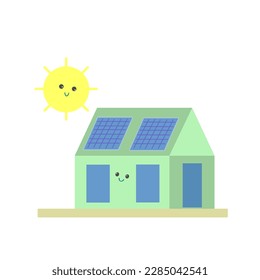 Photovoltaic city. PV panels on buildings. Solar renewable energy panel on house building cartoon style. Photovoltaic city. PV panels on buildings. Sustainable photovoltaic solar energy generation ele