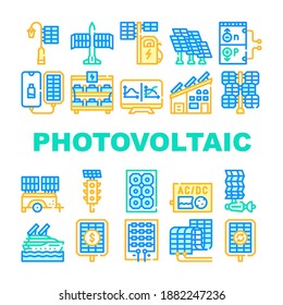 Photovoltaic Energy Collection Icons Set Vector. Solar Power Aircraft And Ship, Photovoltaic Inverter And Battery, Work Principle And Structure Concept Linear Pictograms. Contour Color Illustrations