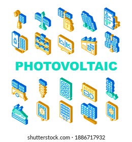 Photovoltaic Energy Collection Icons Set Vector. Solar Power Aircraft And Ship, Photovoltaic Inverter And Battery, Work Principle And Structure Sign Color Illustrations