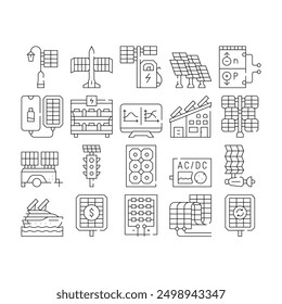 Photovoltaic Energy Collection Icons Set Vector. Solar Power Aircraft And Ship, Photovoltaic Inverter And Battery, Work Principle And Structure Black Contour Illustrations