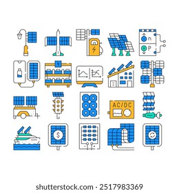 Conjunto de Ícones de Coleção de Energia Fotovoltaica Vetor. Aeronave E Navio De Energia Solar, Inversor Fotovoltaico E Bateria, Princípio De Trabalho E Ilustrações De Contorno De Cor Da Estrutura