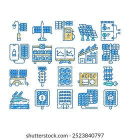 energia fotovoltaica doodle ícones definir vetor. esboço linha arte energia solar aeronave e navio, inversor fotovoltaico e bateria, princípio de trabalho e estrutura cor ilustrações