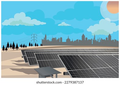 Photovoltaic plant, with solar panels lined up on the ground in the background of buildings.