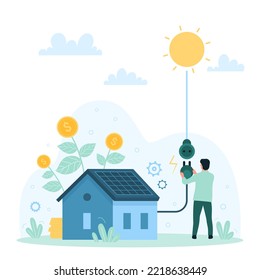 Photovoltaic system for smart home, eco technology vector illustration. Cartoon tiny man connecting plug on wire to socket leading from sun to charge generator with solar panel on roof of house