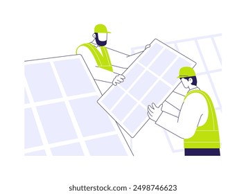 Ilustración vectorial de concepto abstracto fotovoltaico. Grupo de trabajadores se ocupa de la instalación de paneles solares, ecología del medio ambiente, tecnología sostenible, energía renovable metáfora abstracta.