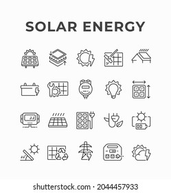 Photovoltaics solar panel generating electricity icon design. Solar power station, alternative energy line vector icons. Green renewable energy and sustainability development